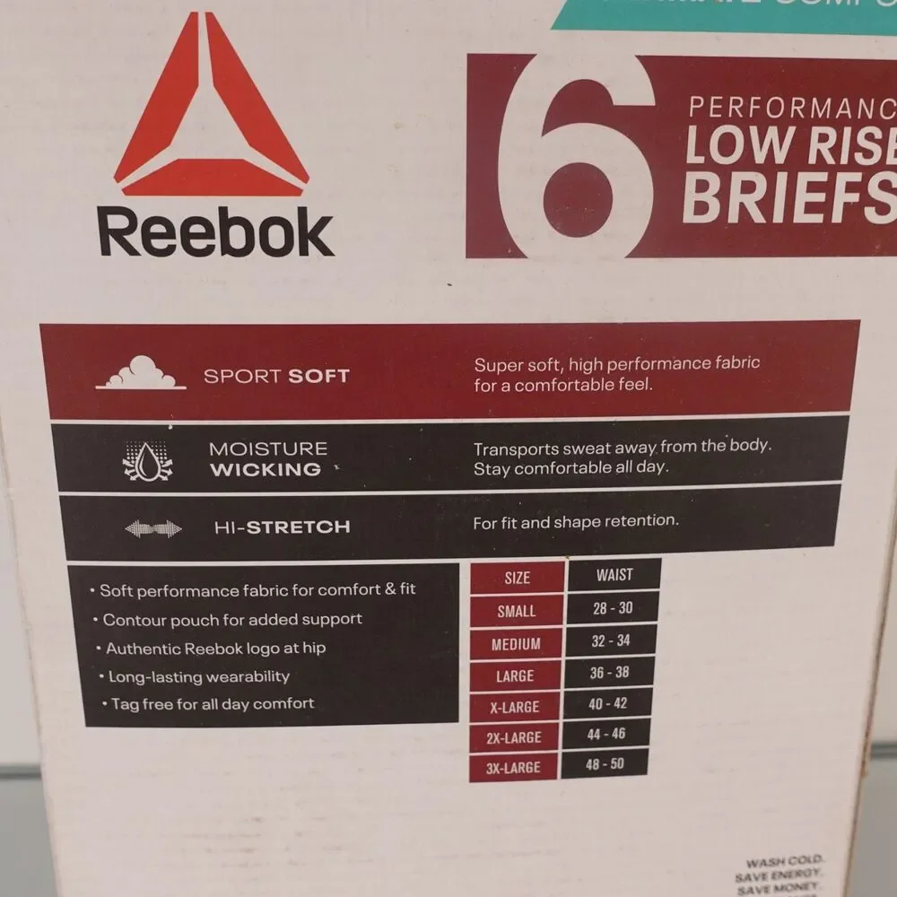 Reebok Performance Low Rise Briefs Men 6-Pack Moisture Wicking Comfort Sz Small